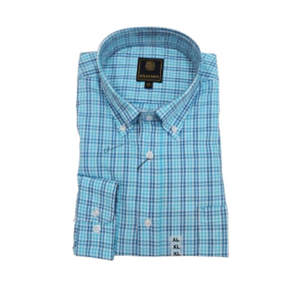 NEW F/X FUSION men's long sleeve mini multi check shirt in aqua
